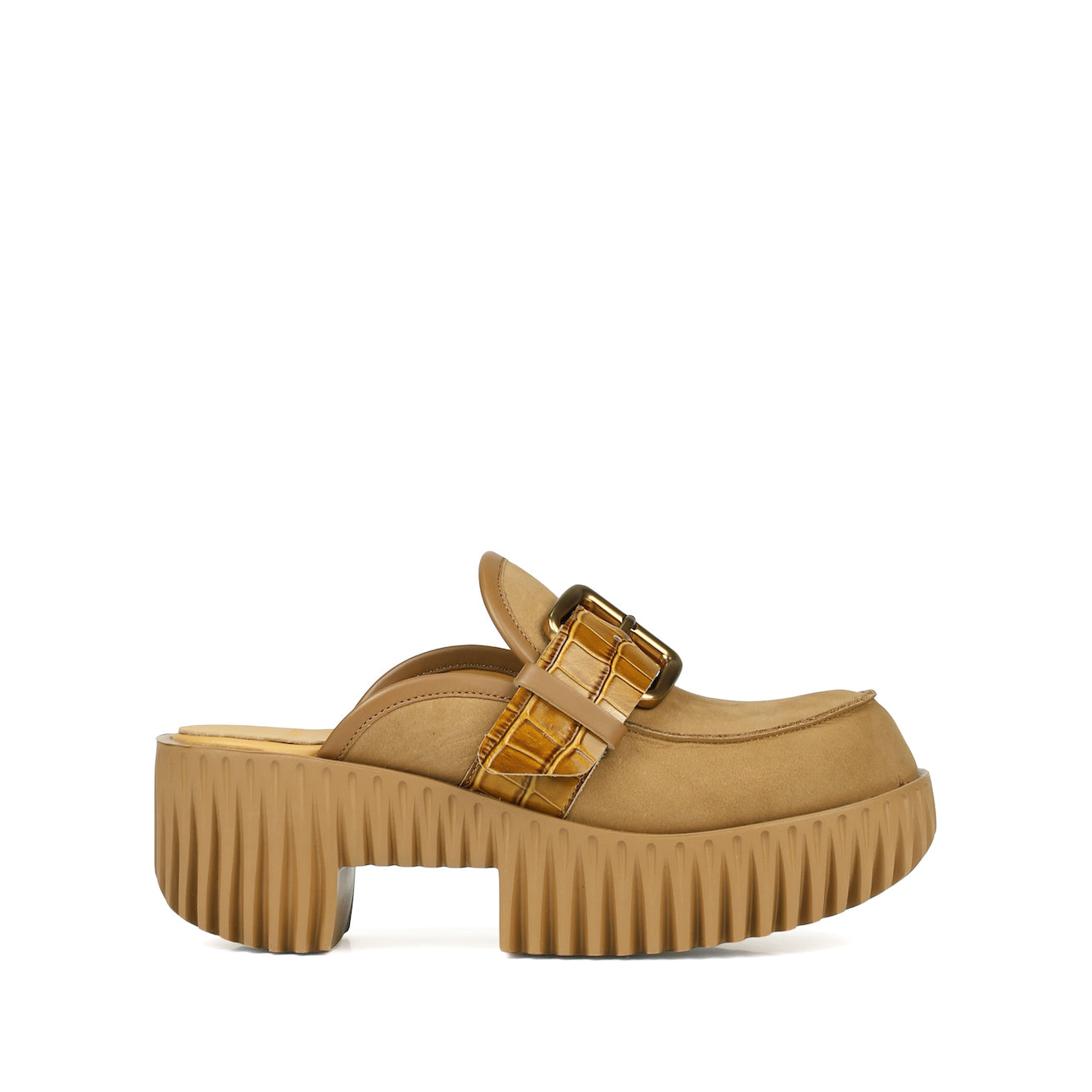 papillonner check tiered op ベージュ meltie Special women's leather mules with unique platform