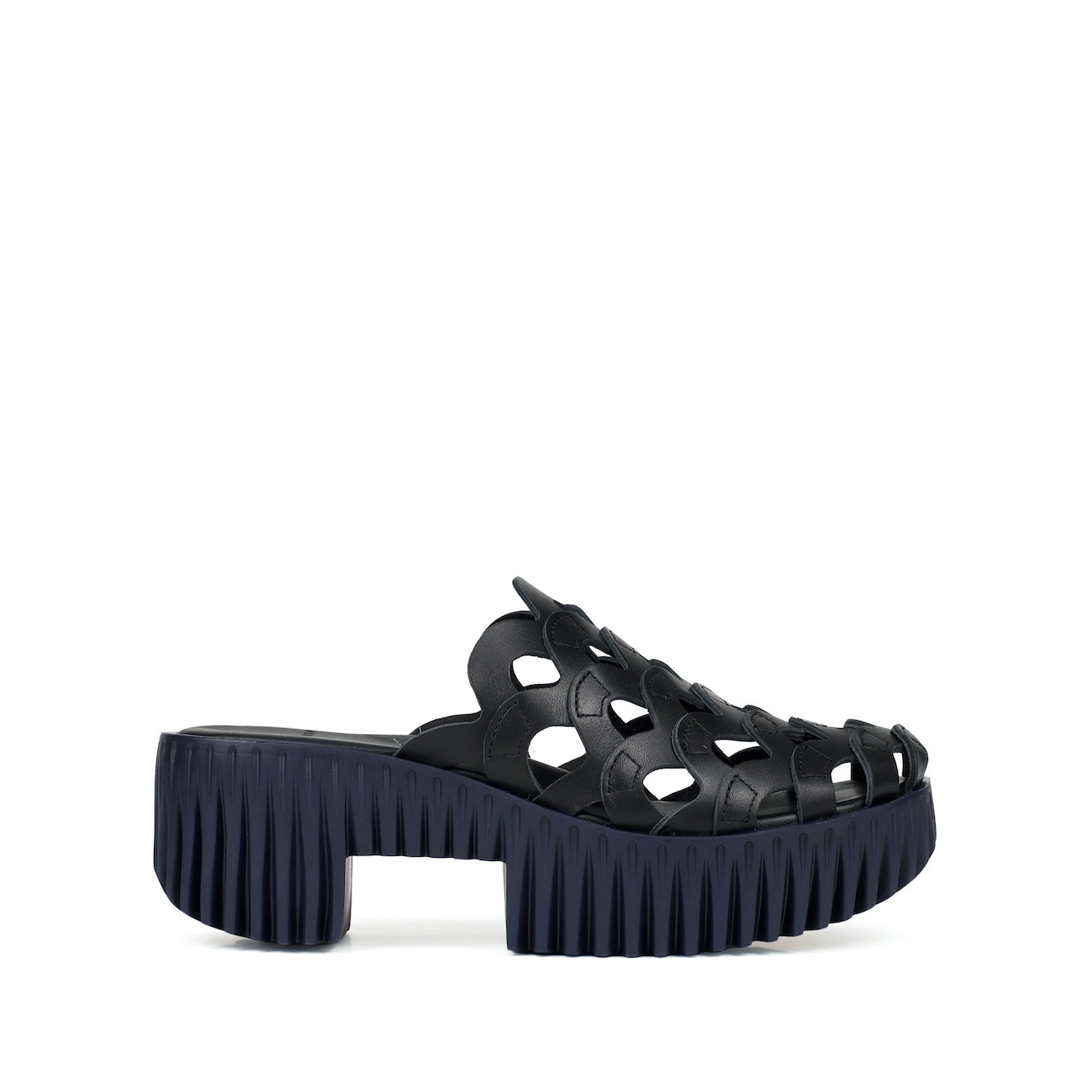 Black fine leather mules with unique platform at 4CCCCEES