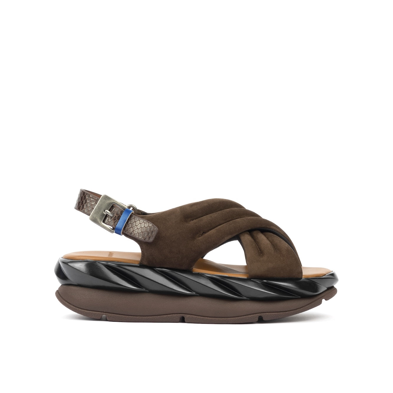 ココまま Refined women's cross-strap brown suede sandal at 4CCCCEES