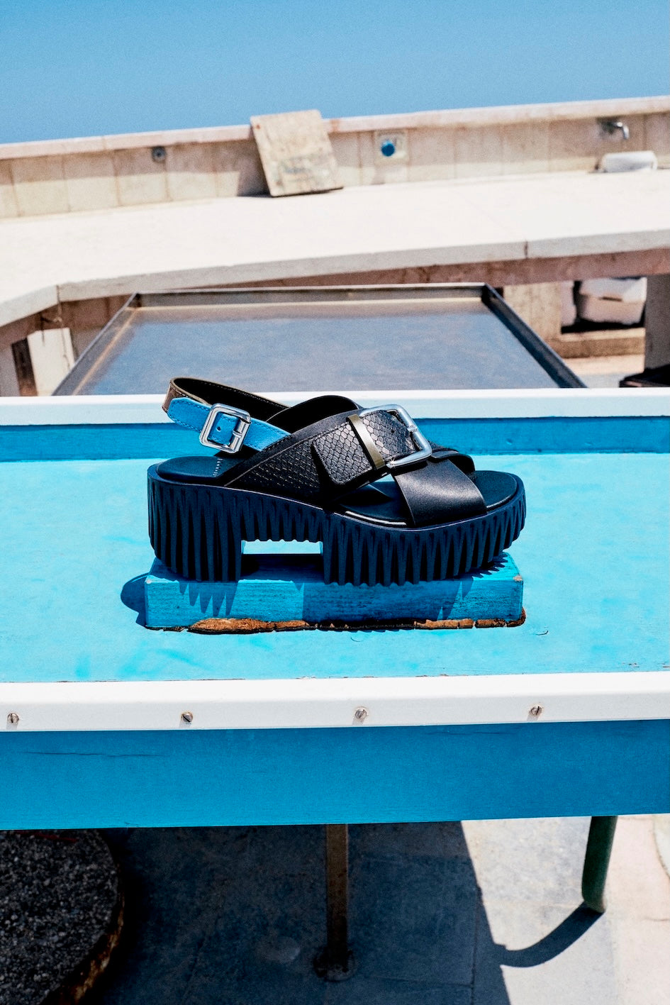 Plage プラージュ　viola short knit サックスブルー Zebra printed leather cross-strap sandals from 4CCCCEES